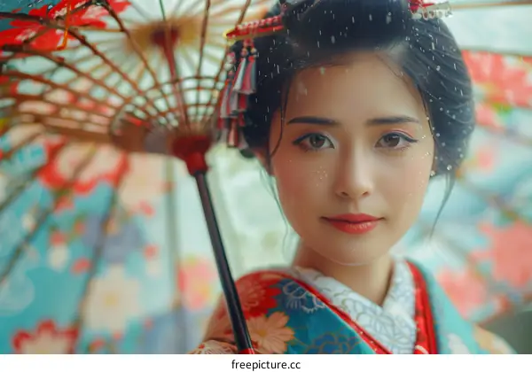 Portrait of a beautiful Japanese woman in traditional kimono holding an umbrella