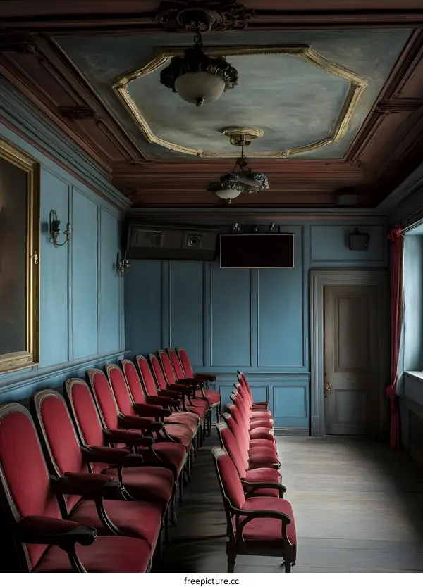 Rows of Vintage Red Velvet Chairs in a Room with Blue Walls and Ornate Ceiling