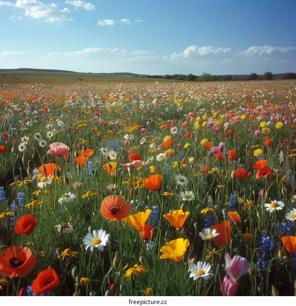 Field of wildflowers with poppies, daisies, and other flowers