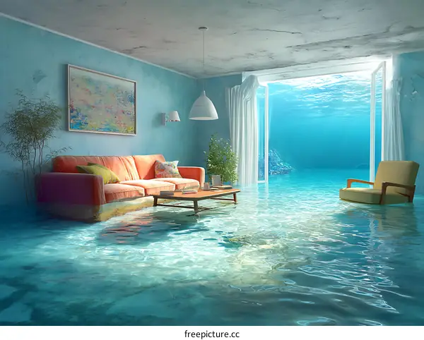 Underwater flooded living room illustration