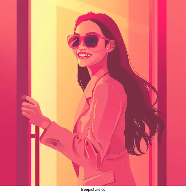 Illustration of a smiling woman wearing sunglasses and a pink suit