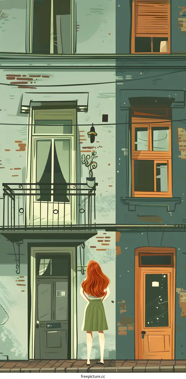 Woman in Green Skirt Standing in Front of Old Building