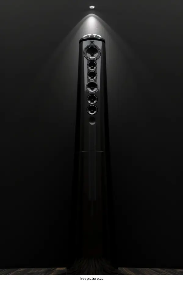 black tower speaker with seven speakers in dark room