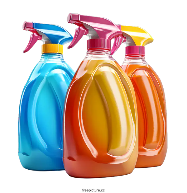 [Transparent Background PNG]Three plastic spray bottles with different colored liquids