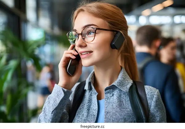 Woman With Glasses Talking On Phone In Public Place