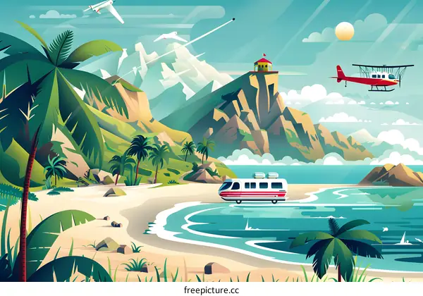 Tropical Beach Illustration with Mountains and Palm Trees