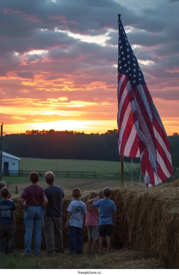 Rural American children watching the sunset over a hay field