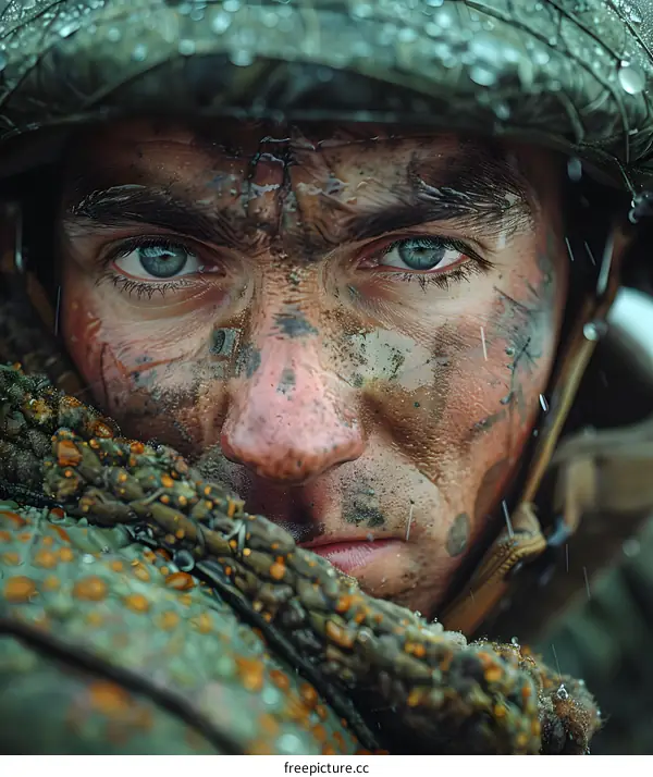 Portrait of a soldier with mud on his face