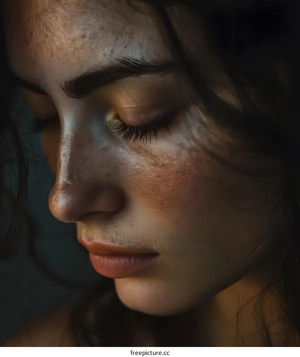 Close-up portrait of a young woman with freckles and her eyes closed