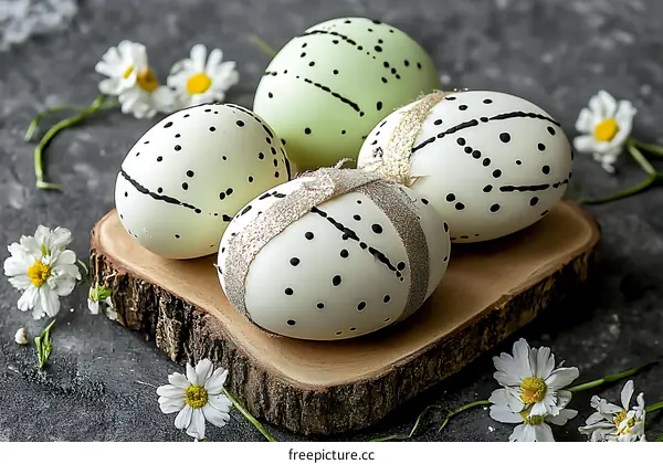 Decorated Easter Eggs on Wooden Slice with Flowers
