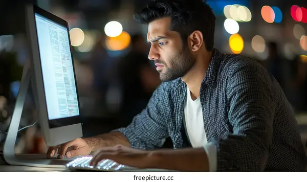 Focused Man Working Late at Night
