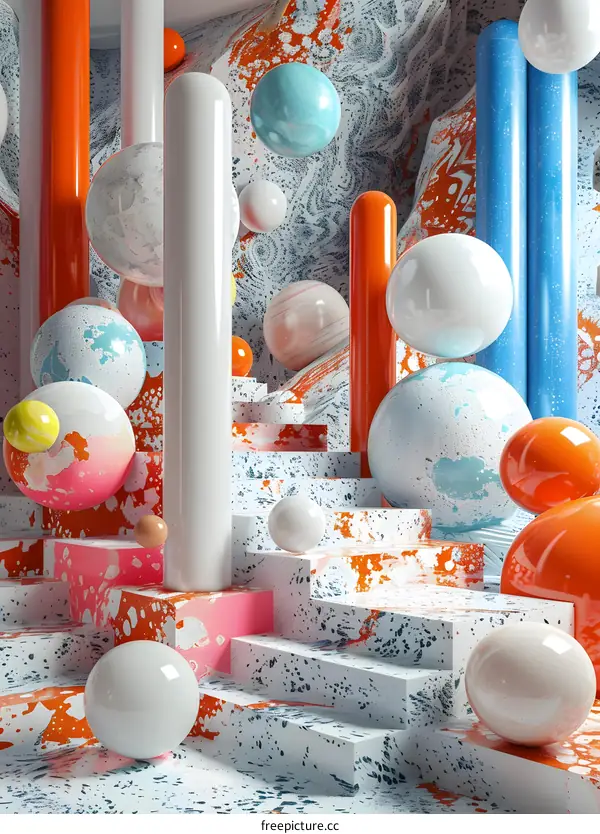 Colorful spheres on stairs