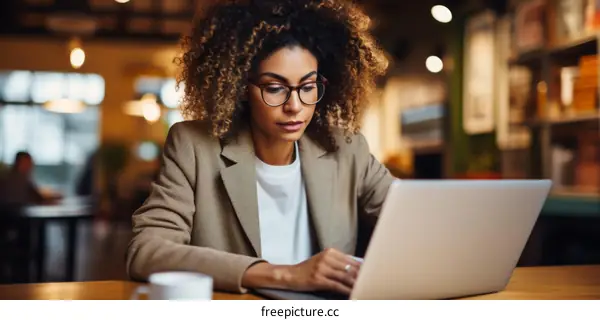 Young woman using laptop and having coffee in cafe