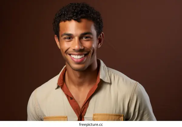 A young man with curly hair smiles happily