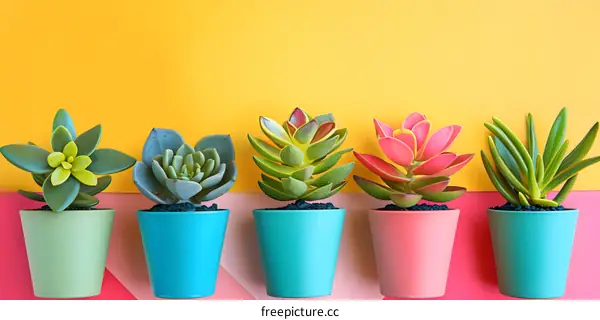 Succulents in Colorful Pots on Yellow Background