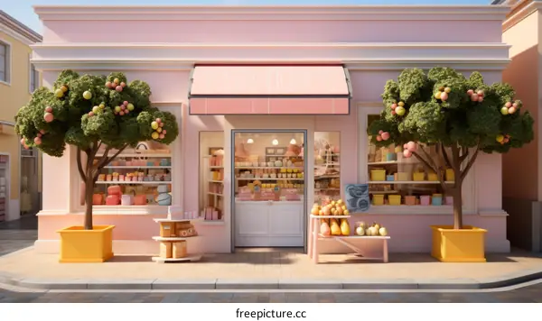 Charming Small Business with Pink Canopy and Vibrant Trees