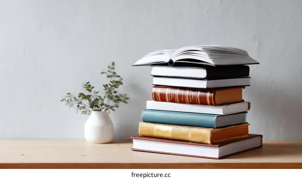 Stacked Books on a Wooden Table with a Small Vase