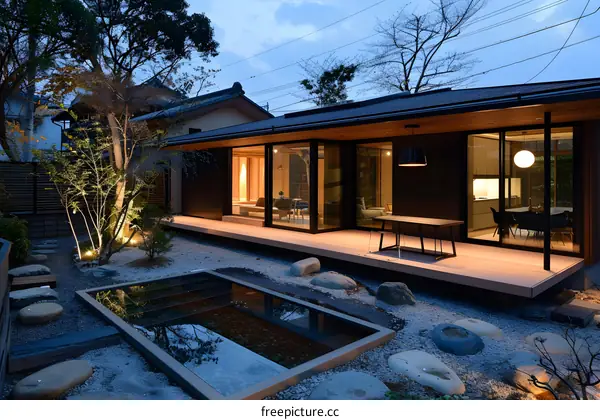 Modern Japanese Home with a Small Pond and Stone Garden