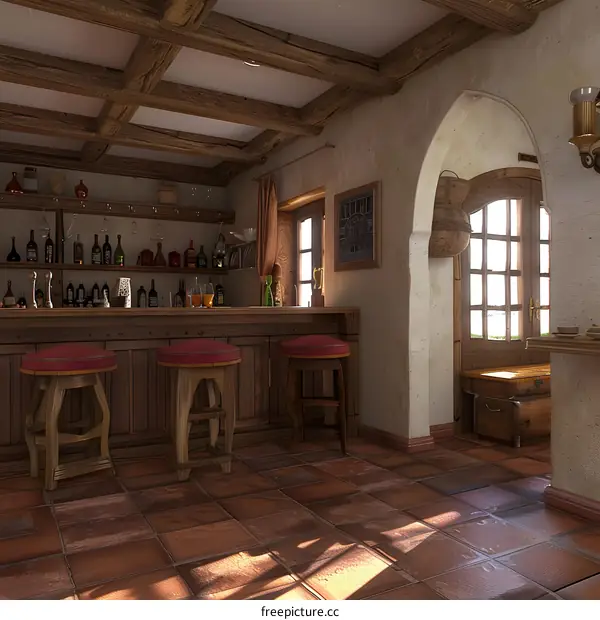 Rustic Bar Interior Design with Wooden Beams and Bar Stools