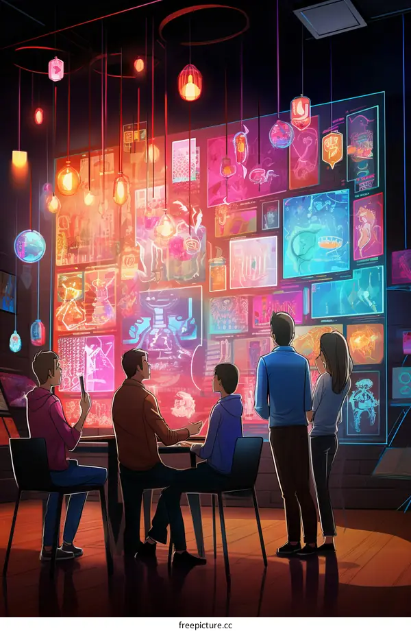 Diverse Group of People Gathered Around a Digital Screen Display of Images