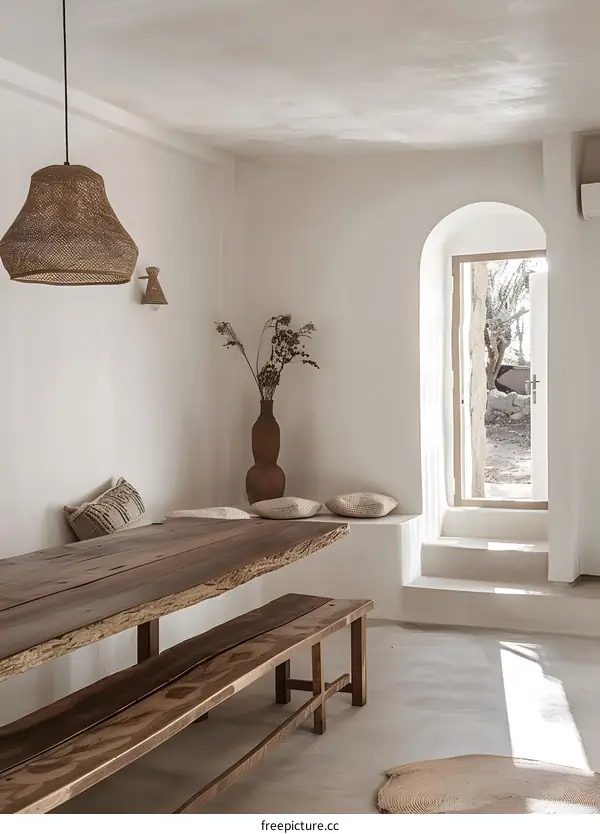 Minimalist Interior Design with Wooden Table and Bench