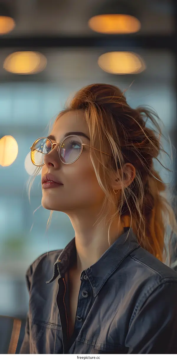 portrait of a young woman wearing glasses looking away