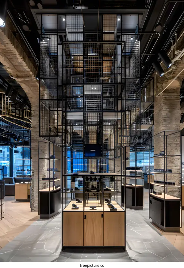 Modern Store Interior Design With Black Metal Structure and Wooden Display