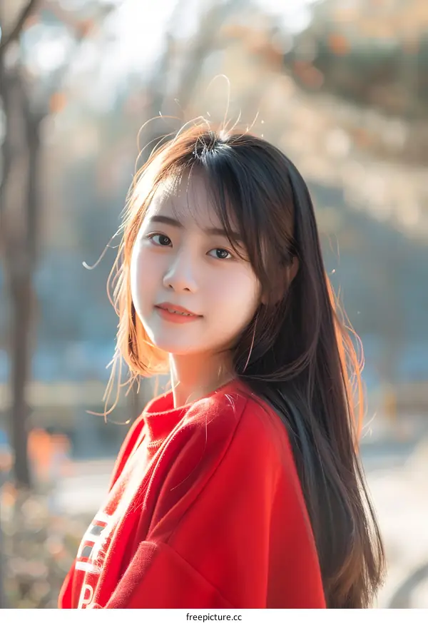 Portrait of a Young Woman with Long Black Hair Wearing a Red Sweater