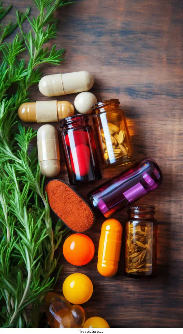 Natural medicine. Rosemary, pills, powder, and alternative medicine