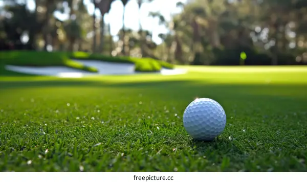 Close-up of a golf ball on a putting green with the pin and green in the background