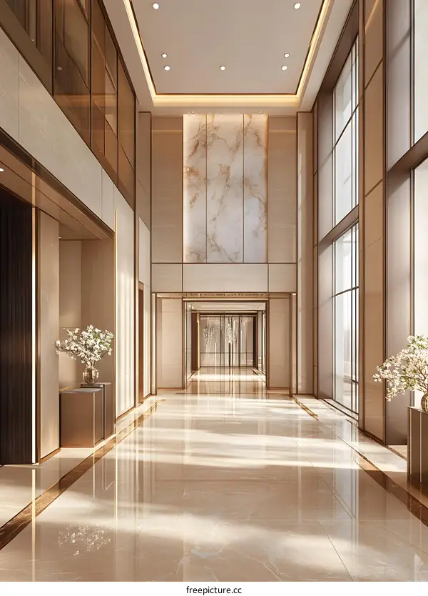 Luxury Hotel Corridor Interior Design with Marble Walls and Large Windows