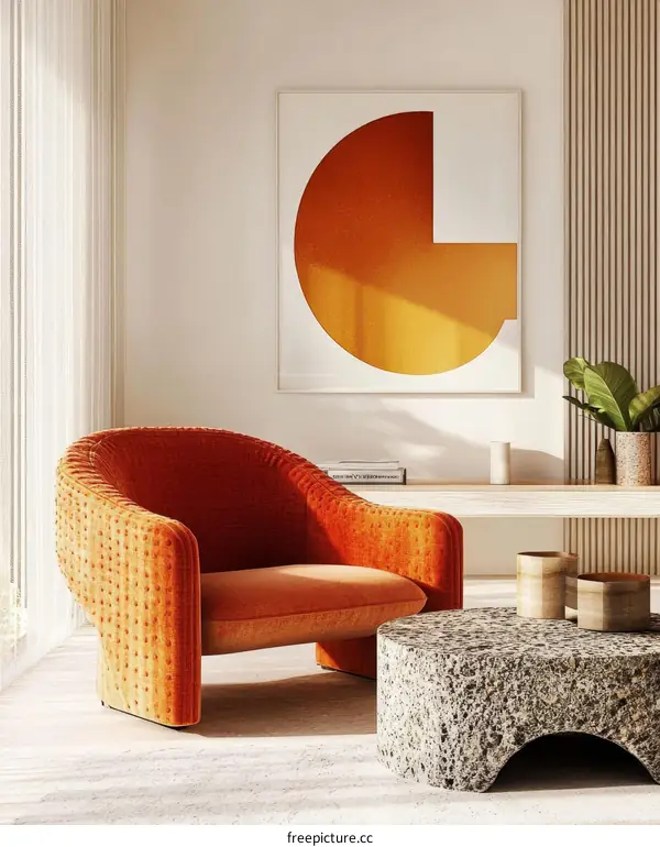 Modern Living Room with Orange Accent Chair and Abstract Art