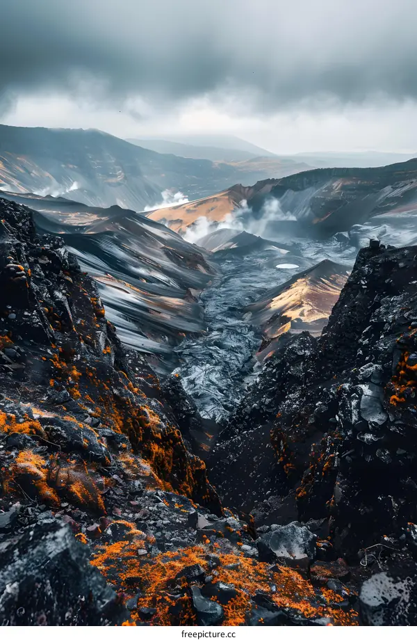 Volcanic Crater Landscape with Mountains and Clouds