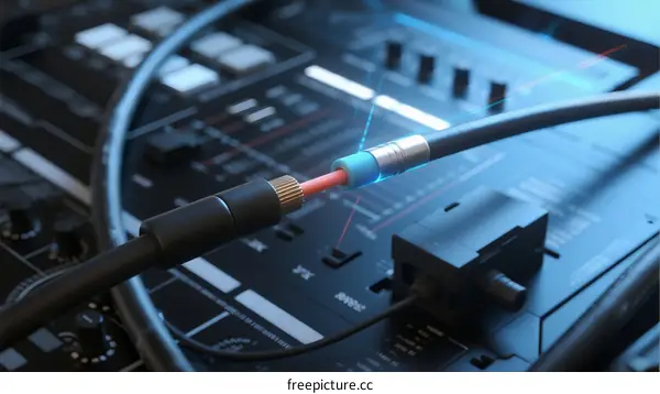 Optical Fiber Cable Connected to Professional Audio Mixer Equipment