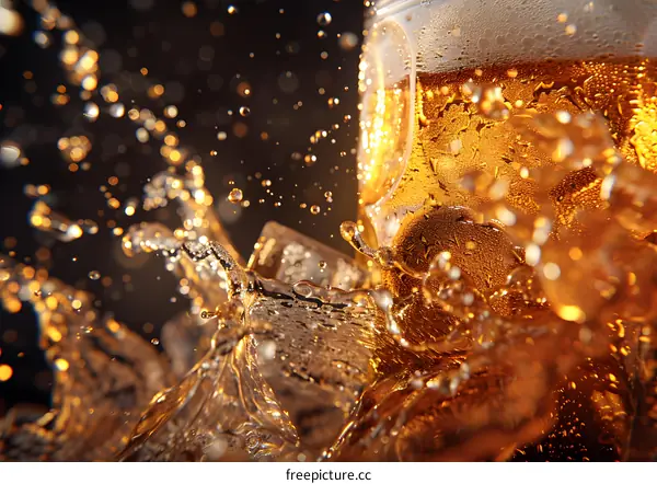 Close Up Of Beer Splash With Ice
