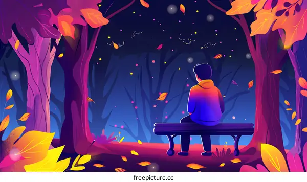 Lonely Man Sitting On A Bench In The Forest At Night