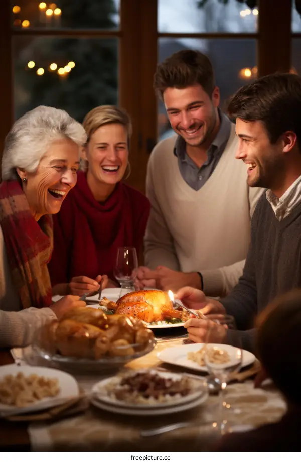 Family gathered around the table for Thanksgiving dinner