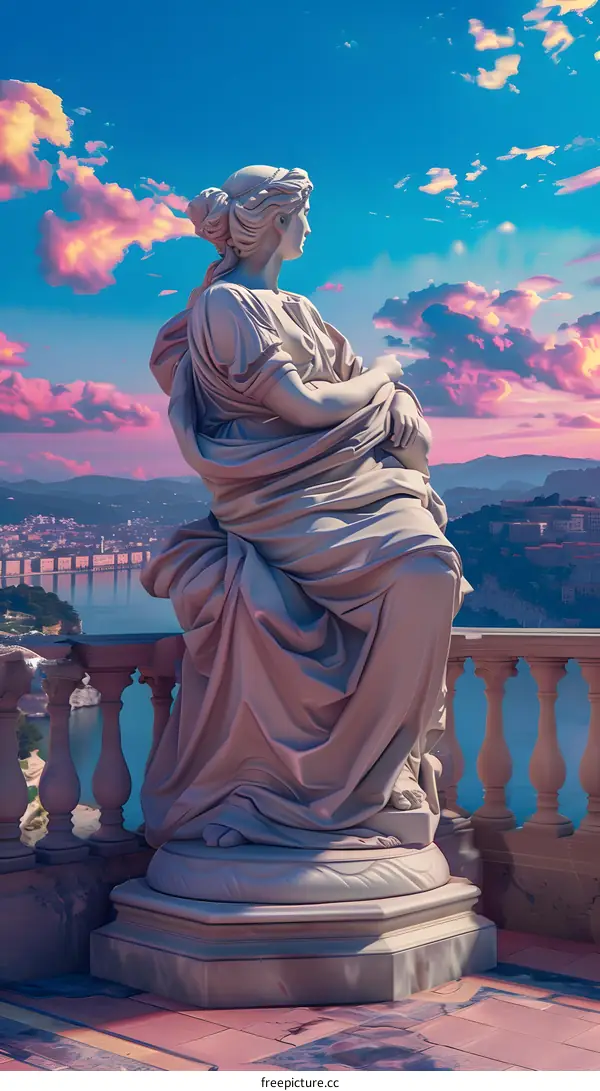 Marble Statue of a Woman on a Balcony Overlooking the City