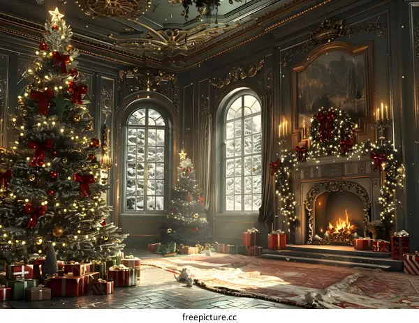 Christmas trees in front of the fireplace