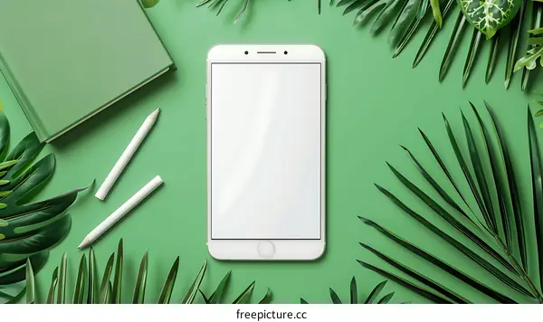White Smartphone Mockup with Green Leaves