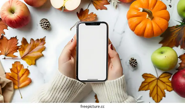 Fall Theme Mockup with White Phone Screen and Autumn Leaves