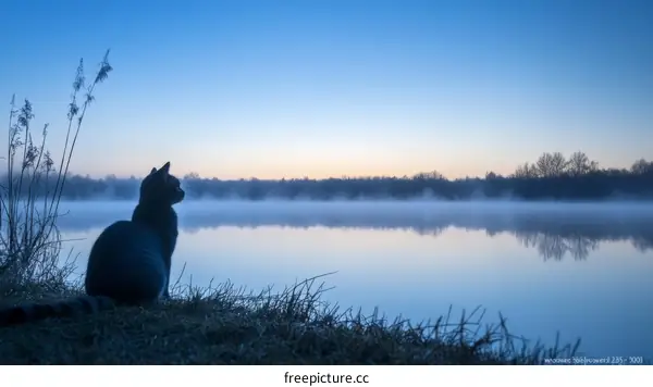 Peaceful Cat by the Misty Lake at Dawn