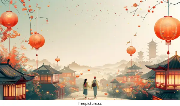 Romantic Couple Stroll in Ancient Chinese City at Night
