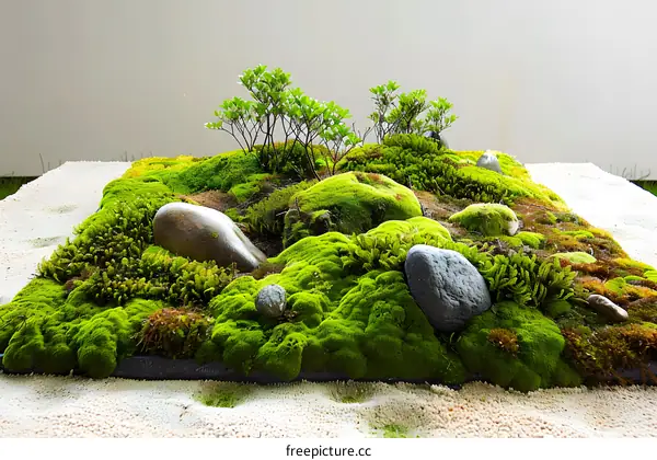 Green Moss Garden With Stones And Plants