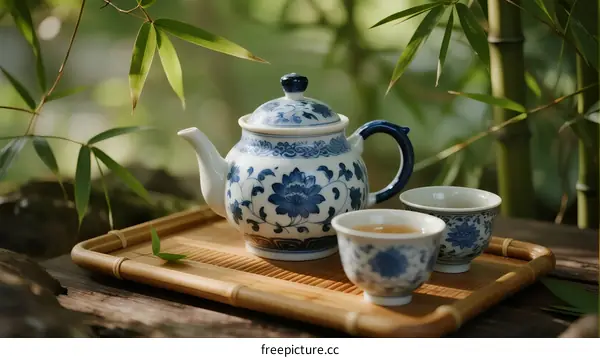 Blue and White Porcelain Teapot with Cups on Bamboo Tray