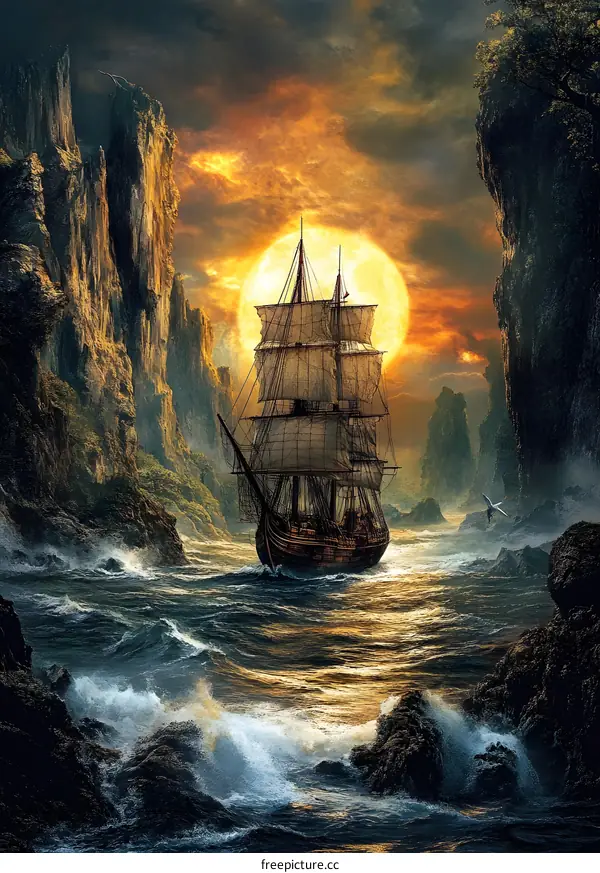 Sailing Ship Through Dramatic Rocky Cliffs and Sun