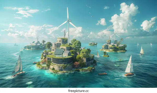 Floating sustainable island city in the middle of the ocean