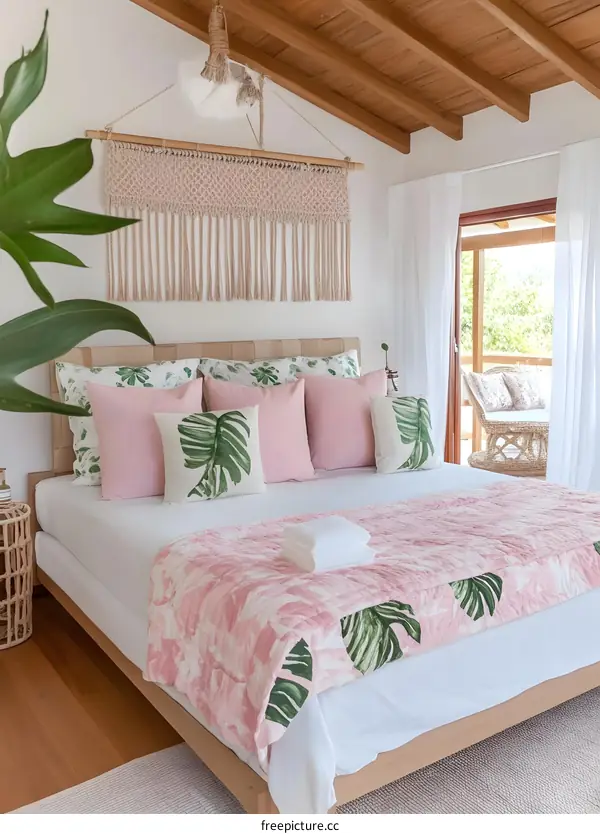 Tropical Bedroom Interior Design with Pink Bedding and Green Plant