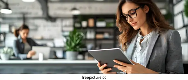 Businesswoman Working in Modern Office Using Tablet