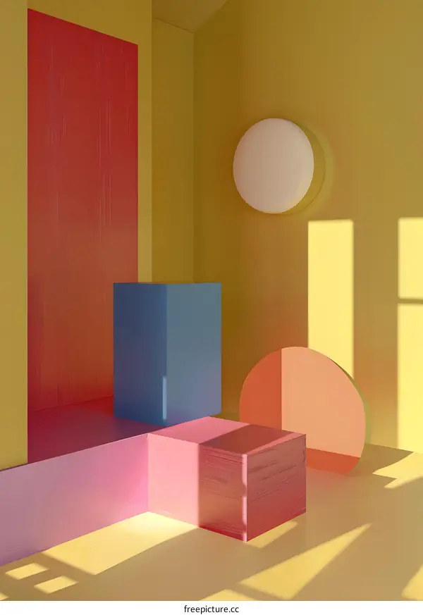 Abstract Minimalist 3D Room with Geometric Shapes and Yellow Background